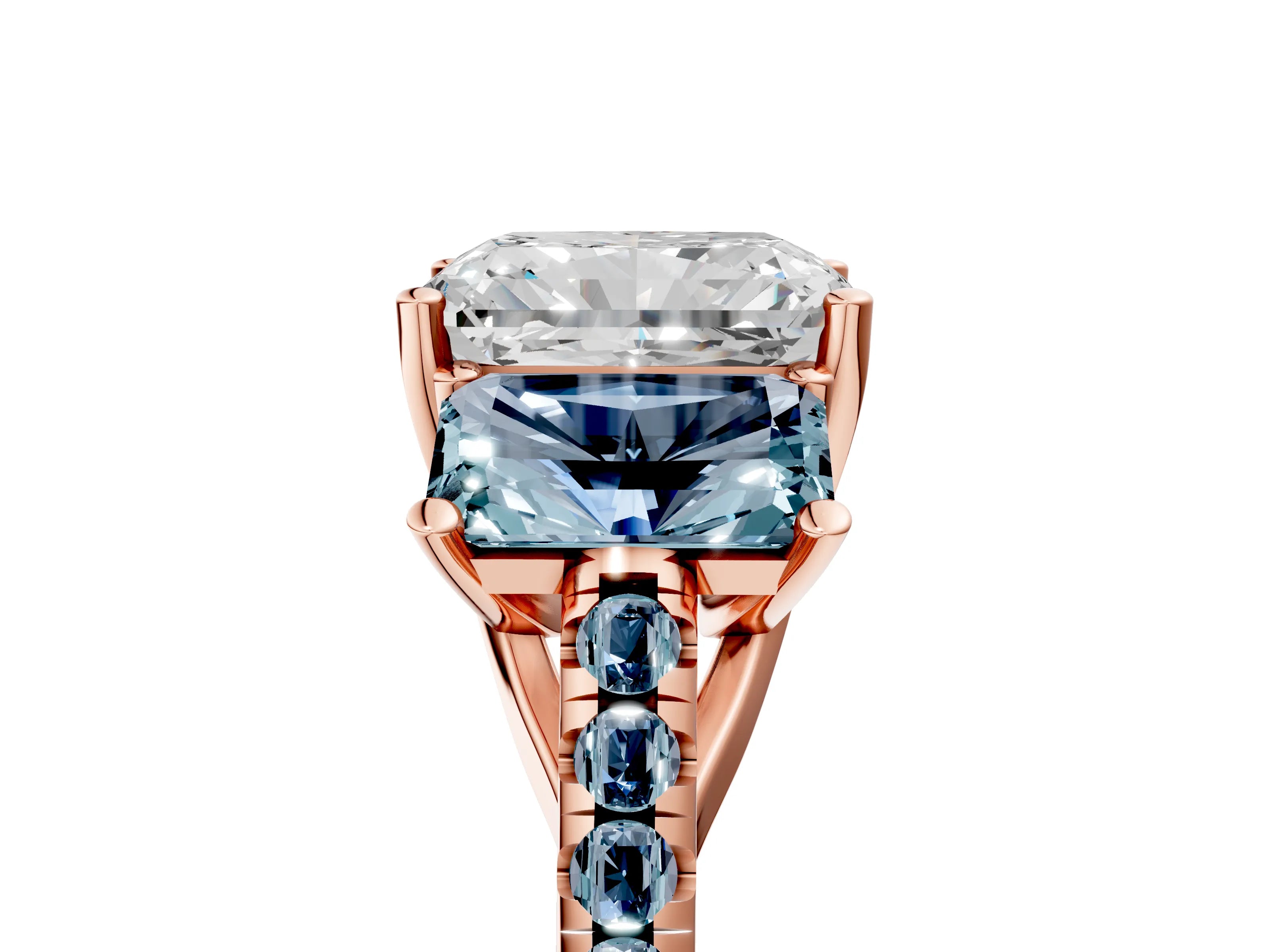 Rose gold Three-Stone Radiant Cut Diamond Ring with Round with Aquamarine side stone Pavé Band and Prong Setting_5