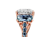 Rose gold Three-Stone Radiant Cut Diamond Ring with Round with Aquamarine side stone Pavé Band and Prong Setting_5