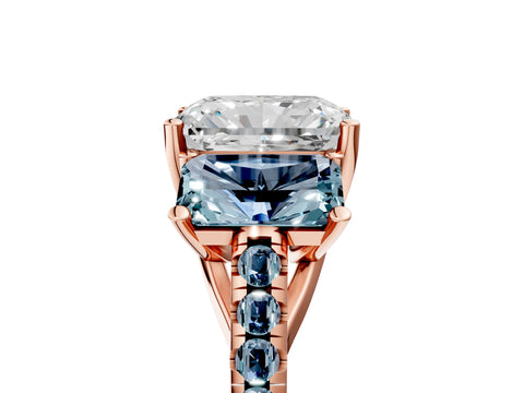 Rose gold Three-Stone Radiant Cut Diamond Ring with Round with Aquamarine side stone Pavé Band and Prong Setting_5