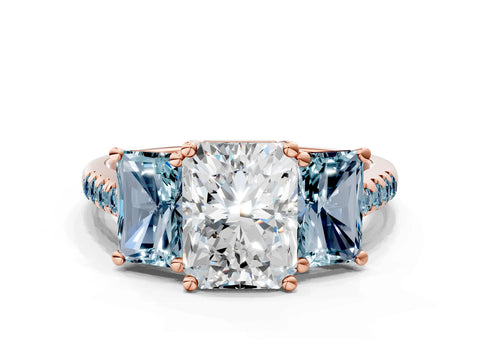 Rose gold Three-Stone Radiant Cut Diamond Ring with Round with Aquamarine side stone Pavé Band and Prong Setting