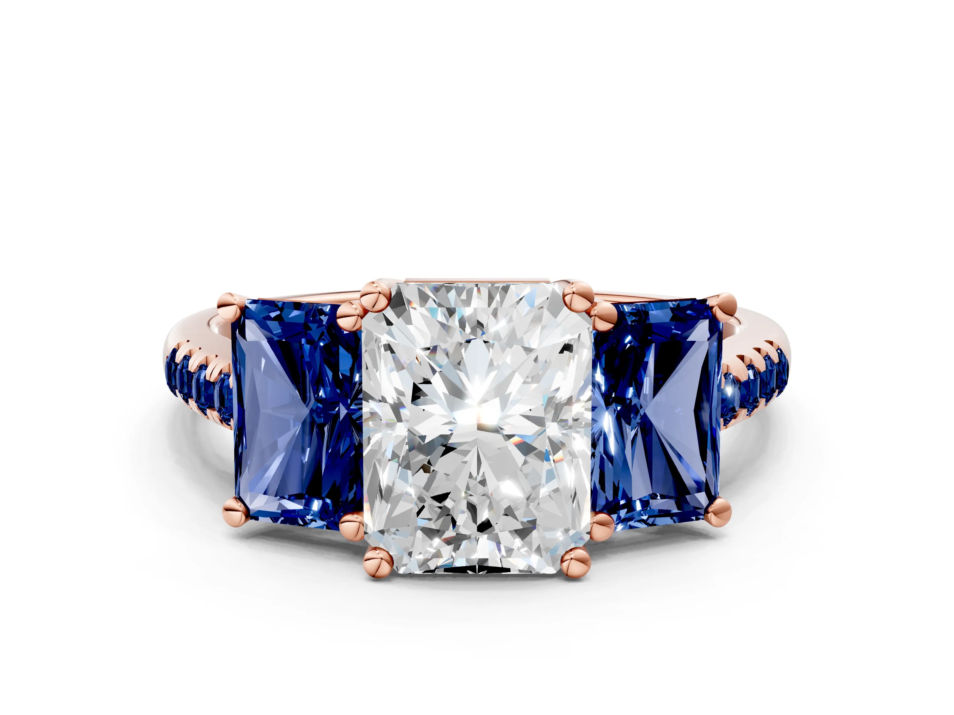 Rose gold Three-Stone Radiant Cut Diamond Ring with Round with Blue Sapphire side stone Pavé Band and Prong Setting