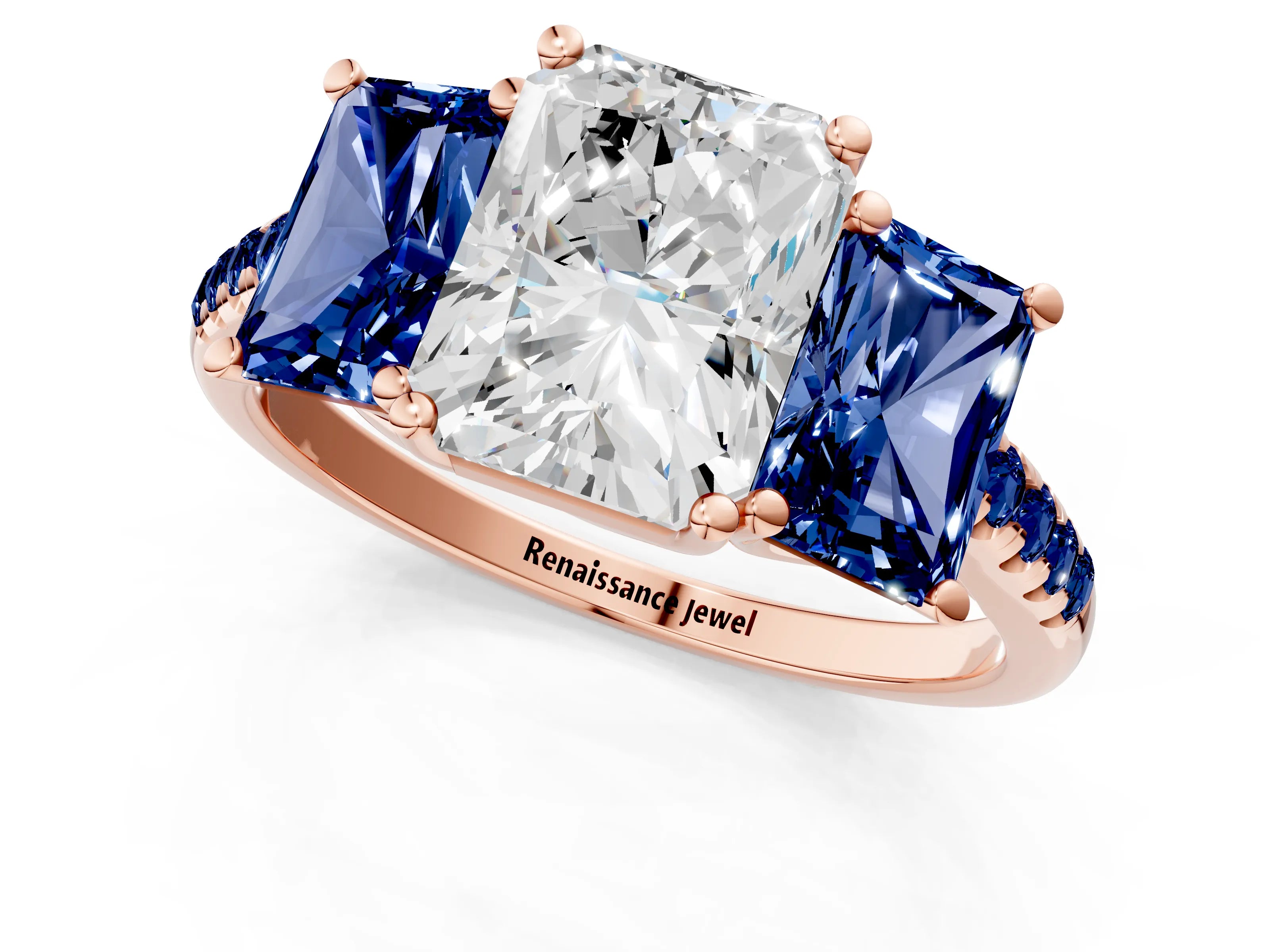 Rose gold Three-Stone Radiant Cut Diamond Ring with Round with Blue Sapphire side stone Pavé Band and Prong Setting_1