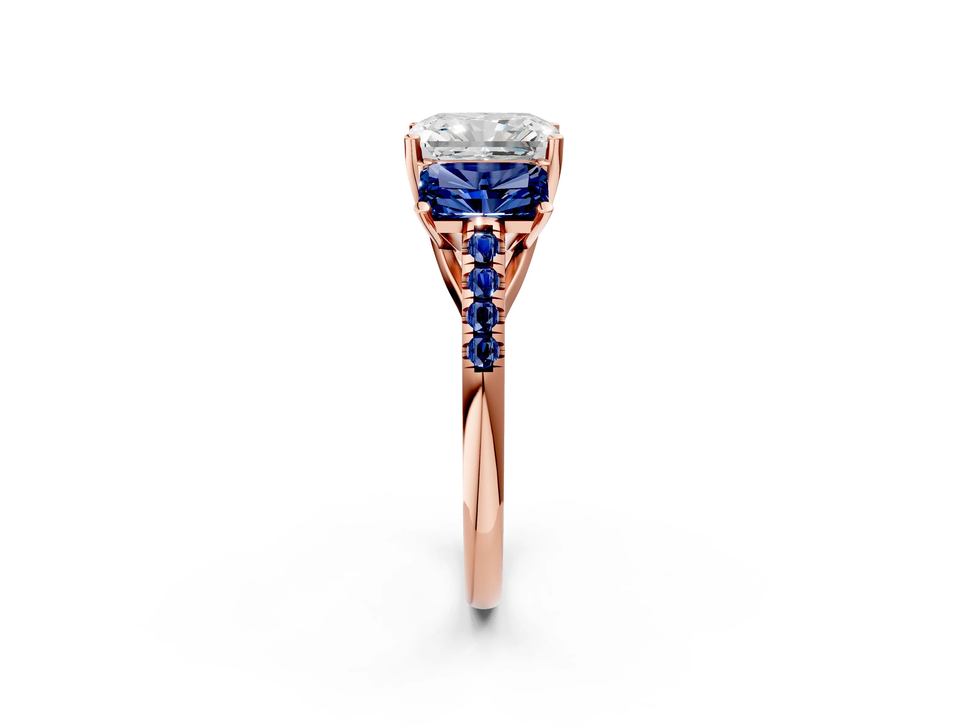Rose gold Three-Stone Radiant Cut Diamond Ring with Round with Blue Sapphire side stone Pavé Band and Prong Setting_2