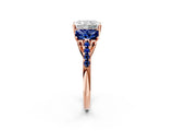 Rose gold Three-Stone Radiant Cut Diamond Ring with Round with Blue Sapphire side stone Pavé Band and Prong Setting_2