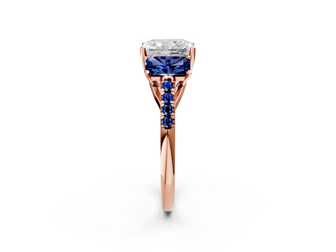 Rose gold Three-Stone Radiant Cut Diamond Ring with Round with Blue Sapphire side stone Pavé Band and Prong Setting_2