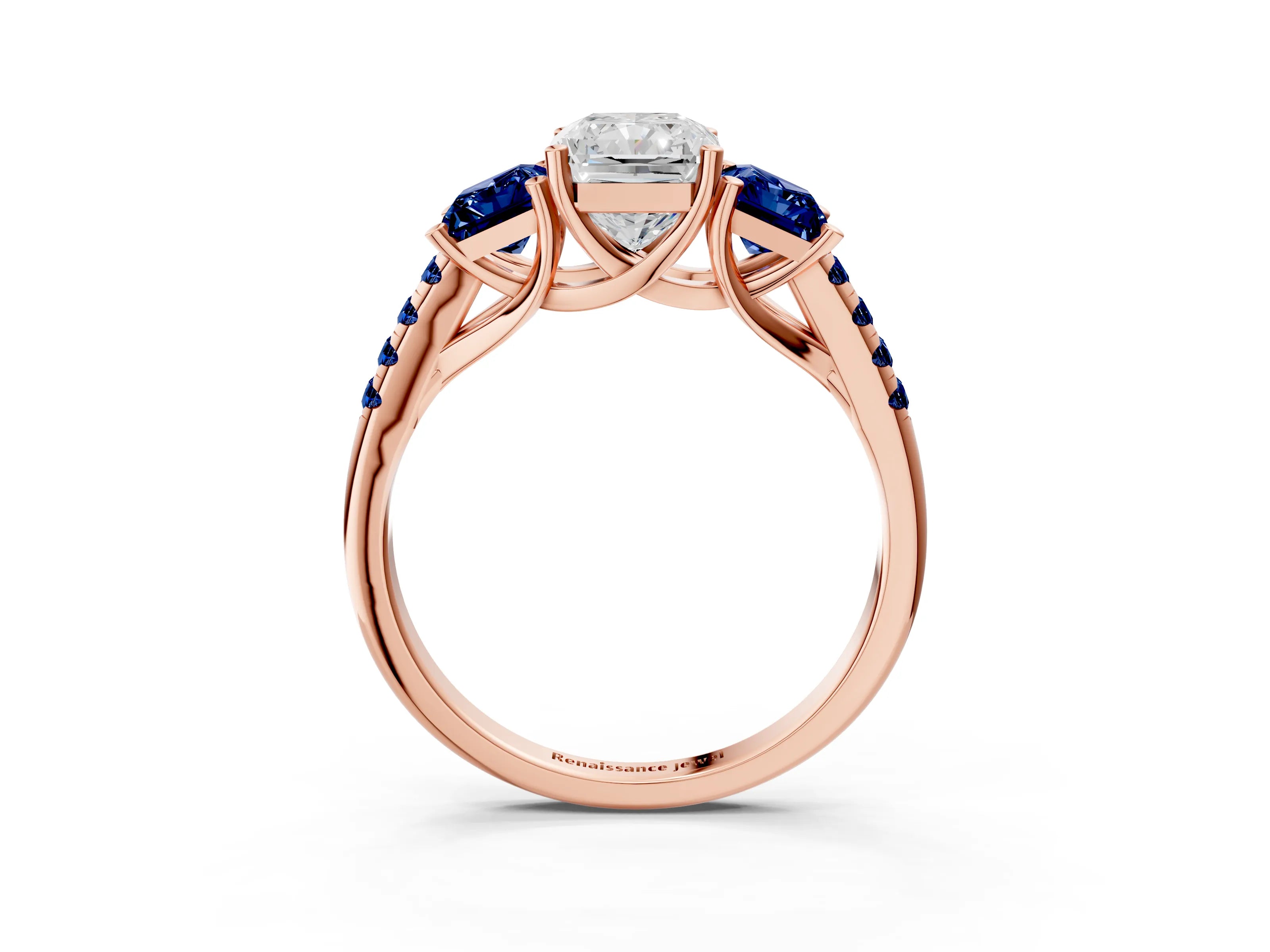 Rose gold Three-Stone Radiant Cut Diamond Ring with Round with Blue Sapphire side stone Pavé Band and Prong Setting_3