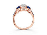 Rose gold Three-Stone Radiant Cut Diamond Ring with Round with Blue Sapphire side stone Pavé Band and Prong Setting_3