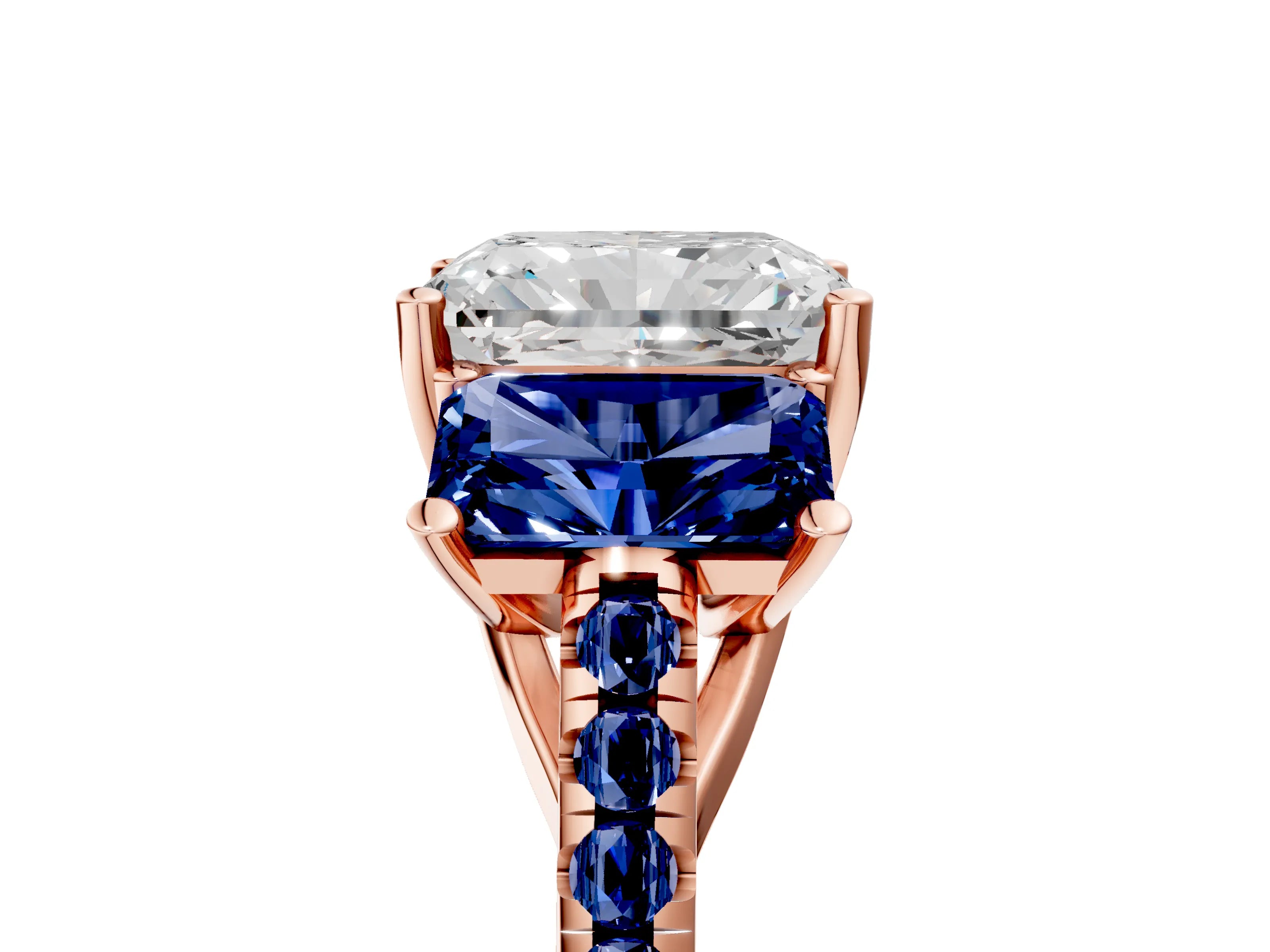 Rose gold Three-Stone Radiant Cut Diamond Ring with Round with Blue Sapphire side stone Pavé Band and Prong Setting_5