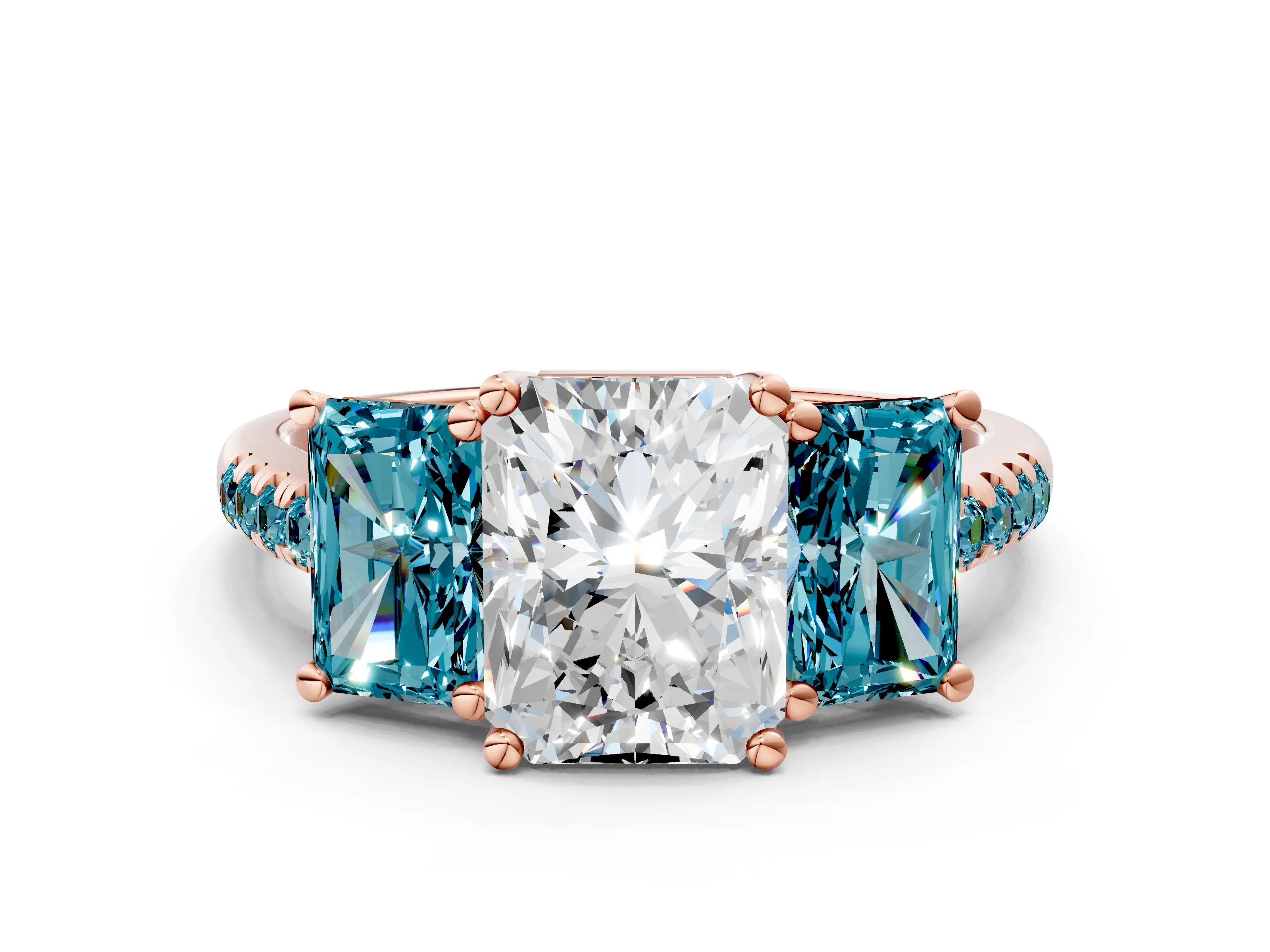 Rose gold Three-Stone Radiant Cut Diamond Ring with Round with Blue Topaz side stone Pavé Band and Prong Setting