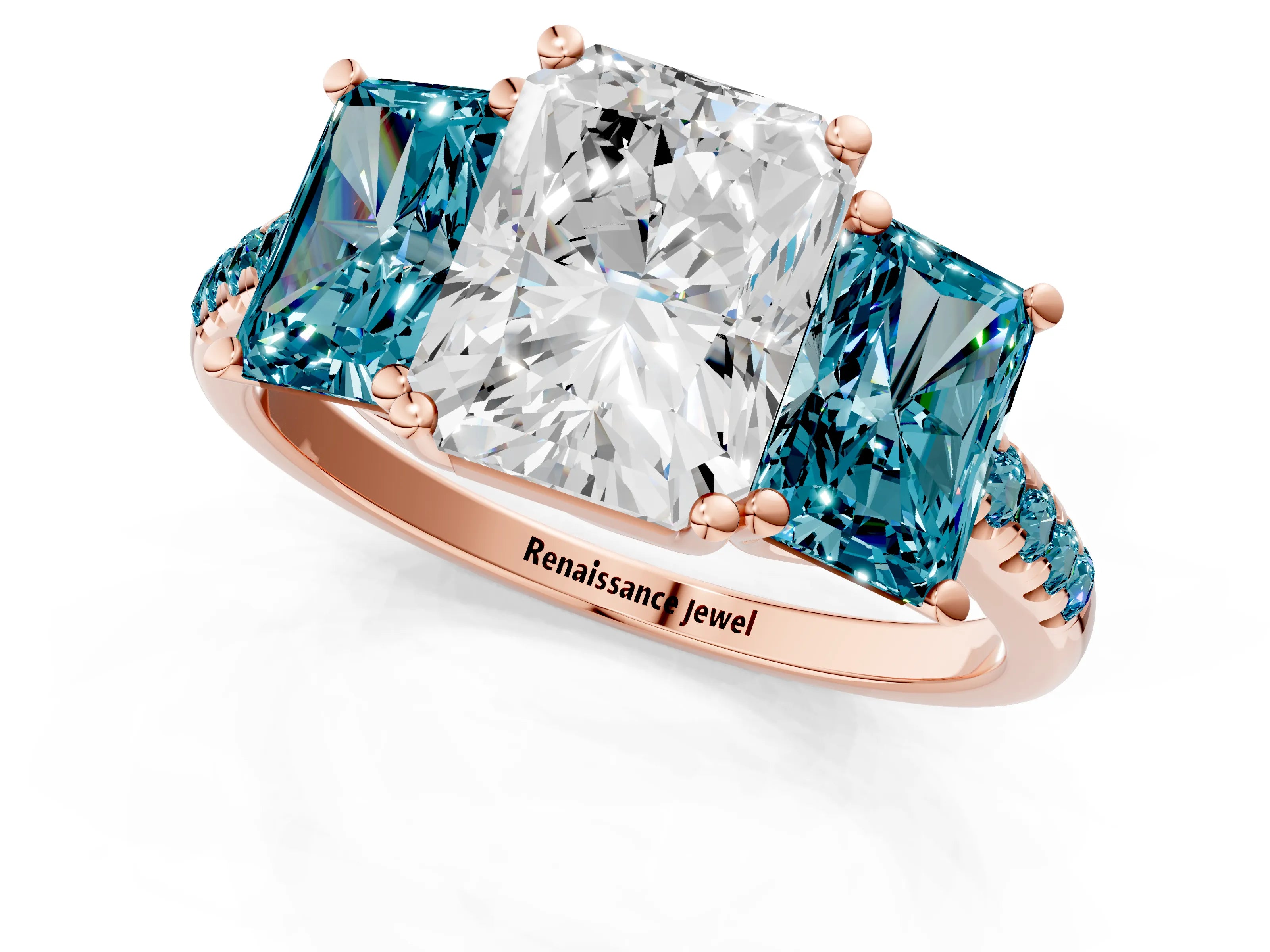 Rose gold Three-Stone Radiant Cut Diamond Ring with Round with Blue Topaz side stone Pavé Band and Prong Setting_1