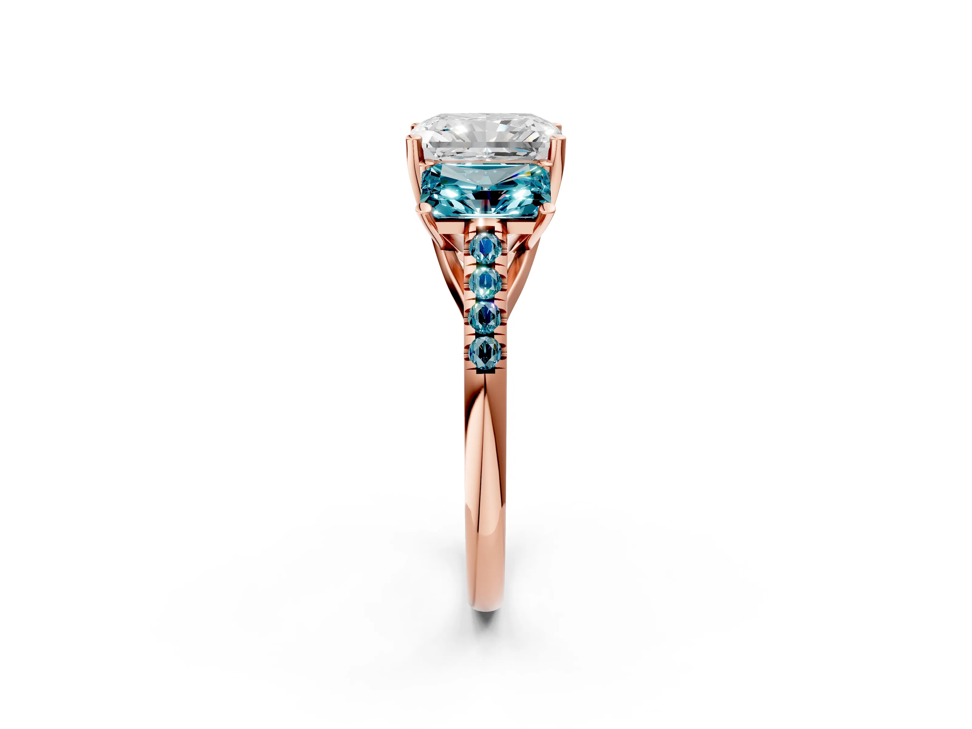 Rose gold Three-Stone Radiant Cut Diamond Ring with Round with Blue Topaz side stone Pavé Band and Prong Setting_2