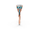 Rose gold Three-Stone Radiant Cut Diamond Ring with Round with Blue Topaz side stone Pavé Band and Prong Setting_2