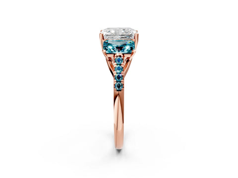 Rose gold Three-Stone Radiant Cut Diamond Ring with Round with Blue Topaz side stone Pavé Band and Prong Setting_2