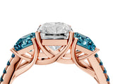 Rose gold Three-Stone Radiant Cut Diamond Ring with Round with Blue Topaz side stone Pavé Band and Prong Setting_4