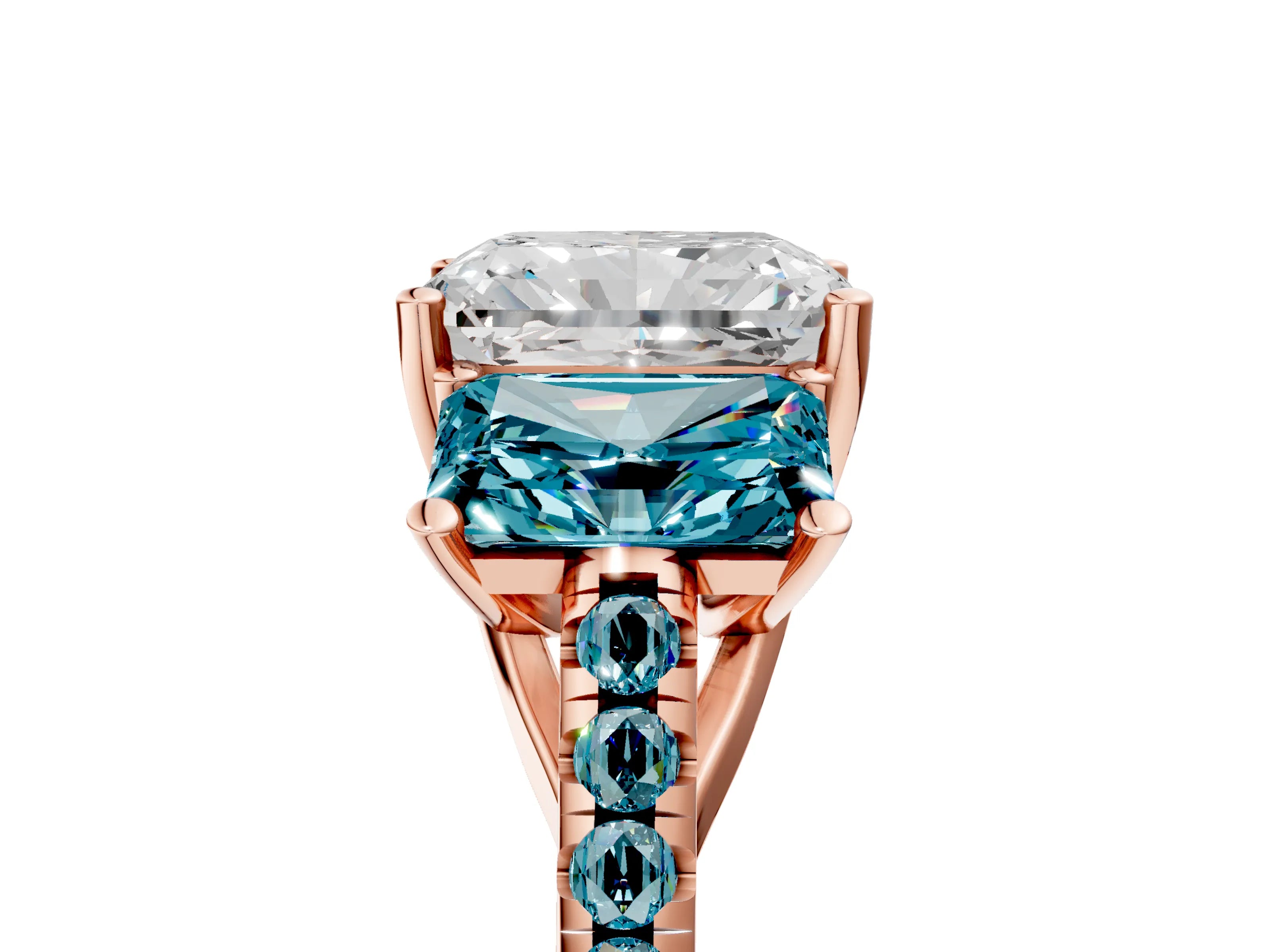 Rose gold Three-Stone Radiant Cut Diamond Ring with Round with Blue Topaz side stone Pavé Band and Prong Setting_5