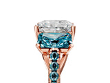 Rose gold Three-Stone Radiant Cut Diamond Ring with Round with Blue Topaz side stone Pavé Band and Prong Setting_5