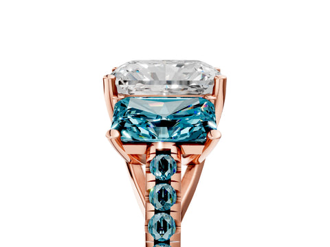 Rose gold Three-Stone Radiant Cut Diamond Ring with Round with Blue Topaz side stone Pavé Band and Prong Setting_5