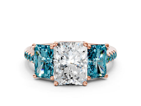 Rose gold Three-Stone Radiant Cut Diamond Ring with Round with Blue Topaz side stone Pavé Band and Prong Setting