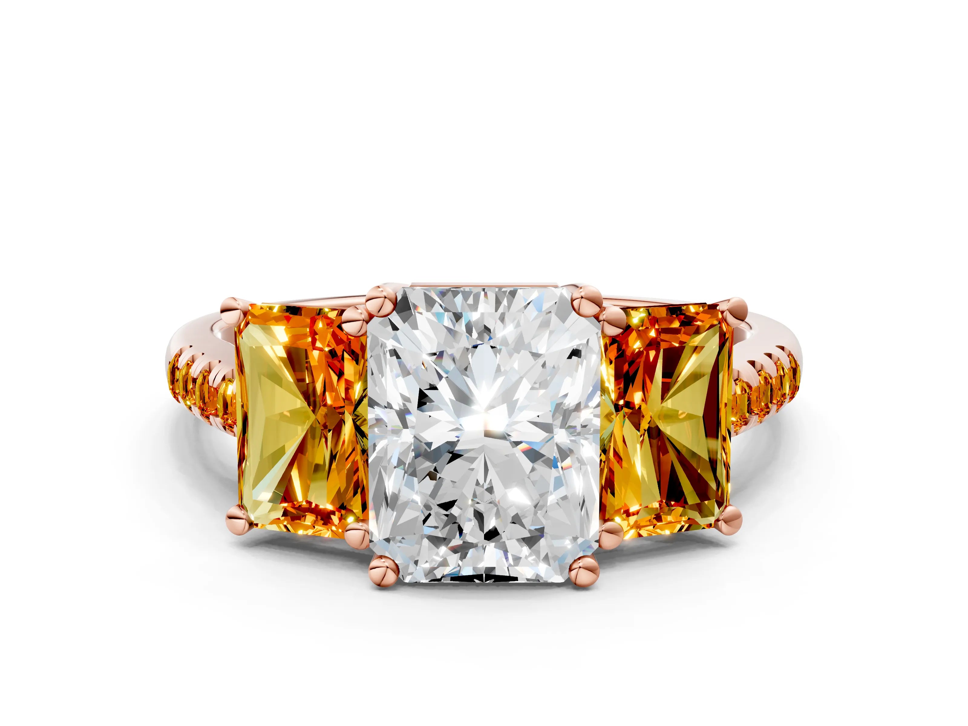 Rose gold Three-Stone Radiant Cut Diamond Ring with Round with Citrine side stone Pavé Band and Prong Setting