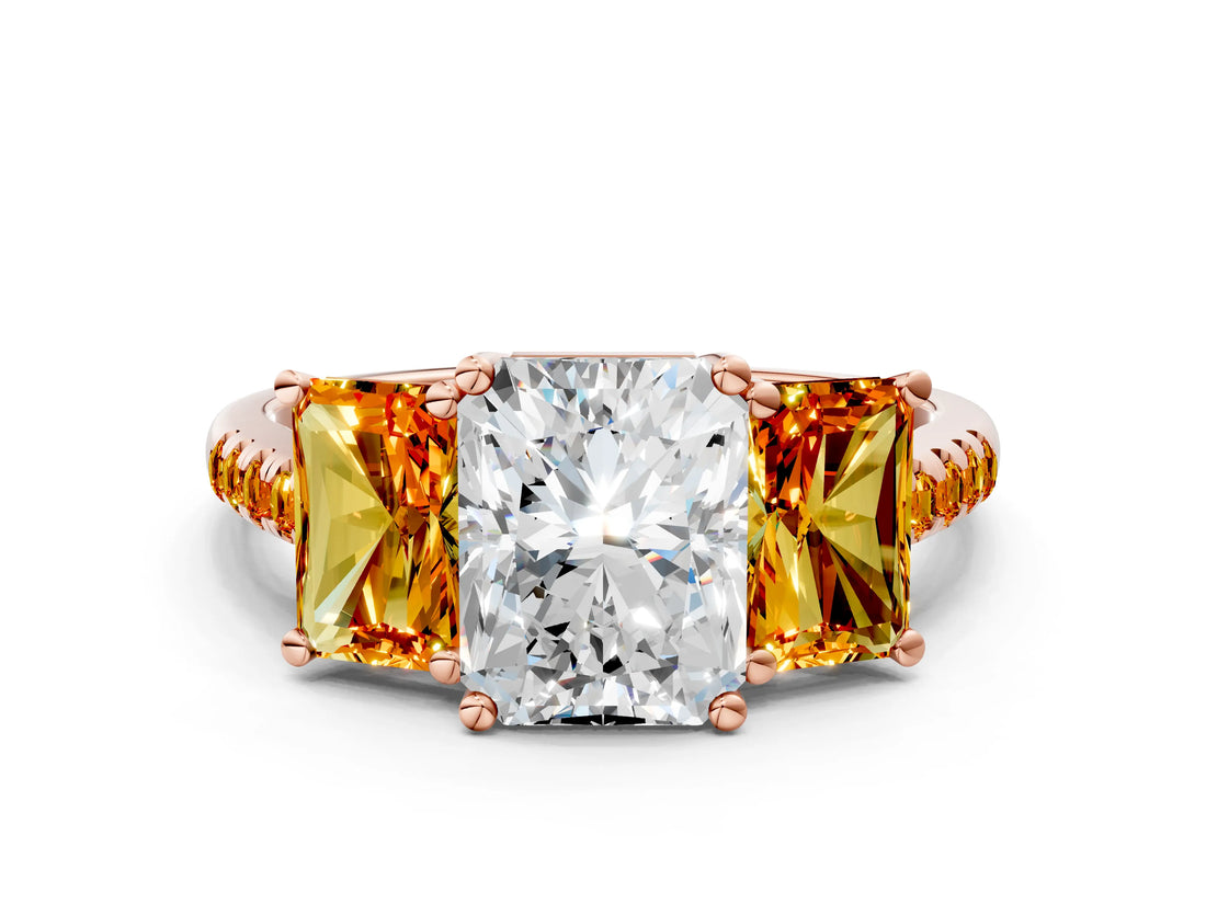 Rose gold Three-Stone Radiant Cut Diamond Ring with Round with Citrine side stone Pavé Band and Prong Setting