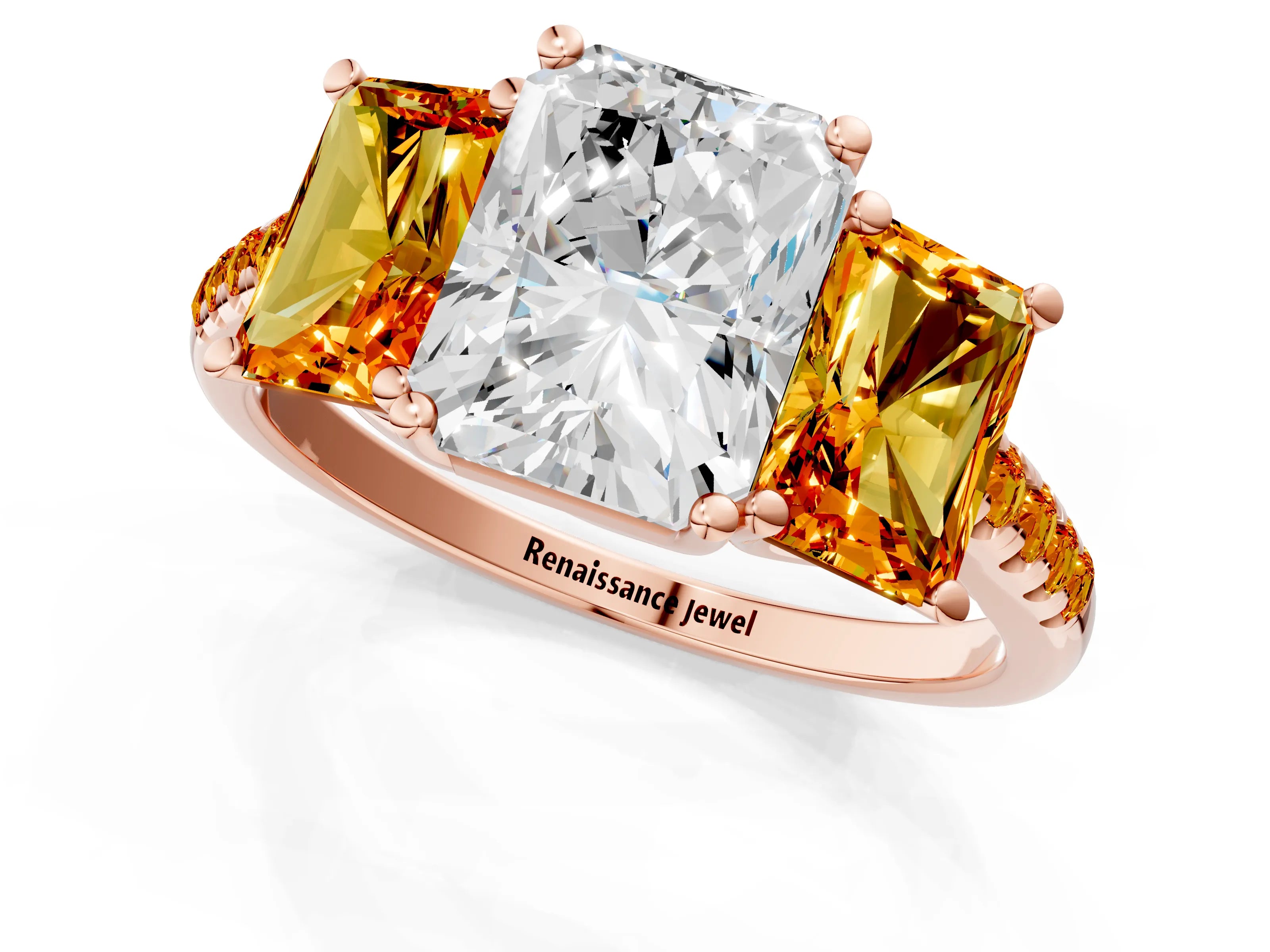 Rose gold Three-Stone Radiant Cut Diamond Ring with Round with Citrine side stone Pavé Band and Prong Setting_1