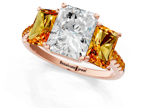 Rose gold Three-Stone Radiant Cut Diamond Ring with Round with Citrine side stone Pavé Band and Prong Setting_1