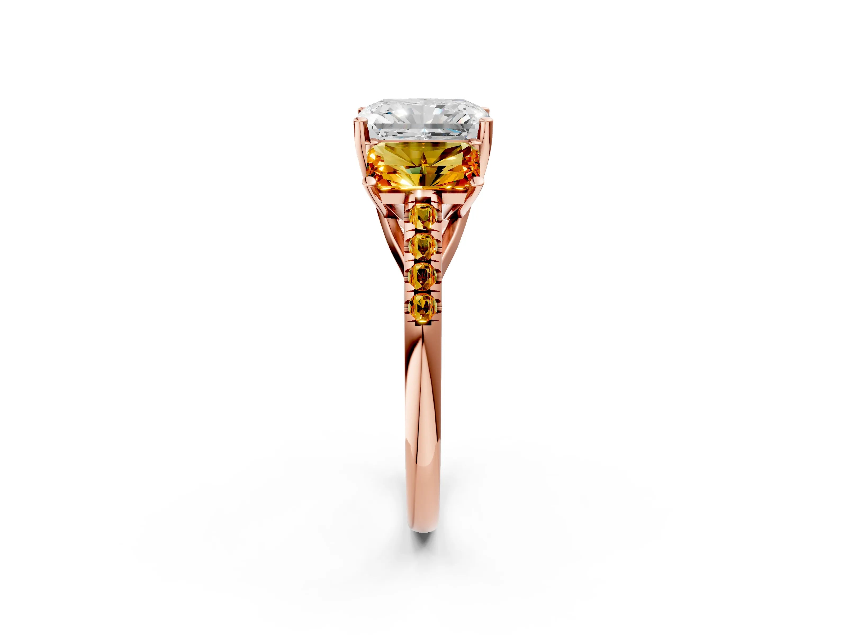 Rose gold Three-Stone Radiant Cut Diamond Ring with Round with Citrine side stone Pavé Band and Prong Setting_2