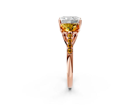 Rose gold Three-Stone Radiant Cut Diamond Ring with Round with Citrine side stone Pavé Band and Prong Setting_2