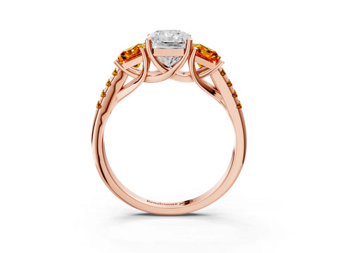 Rose gold Three-Stone Radiant Cut Diamond Ring with Round with Citrine side stone Pavé Band and Prong Setting_3