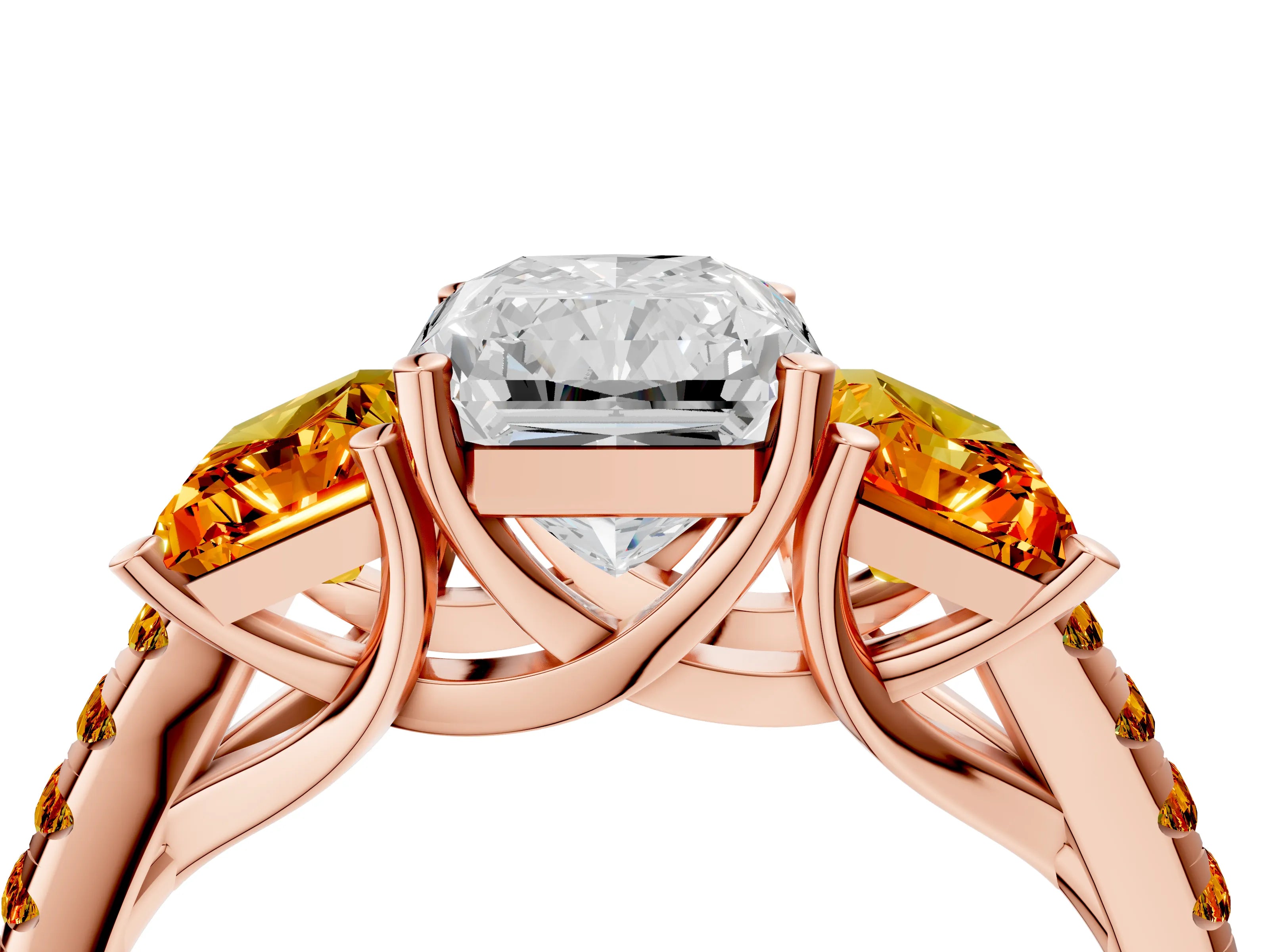 Rose gold Three-Stone Radiant Cut Diamond Ring with Round with Citrine side stone Pavé Band and Prong Setting_4