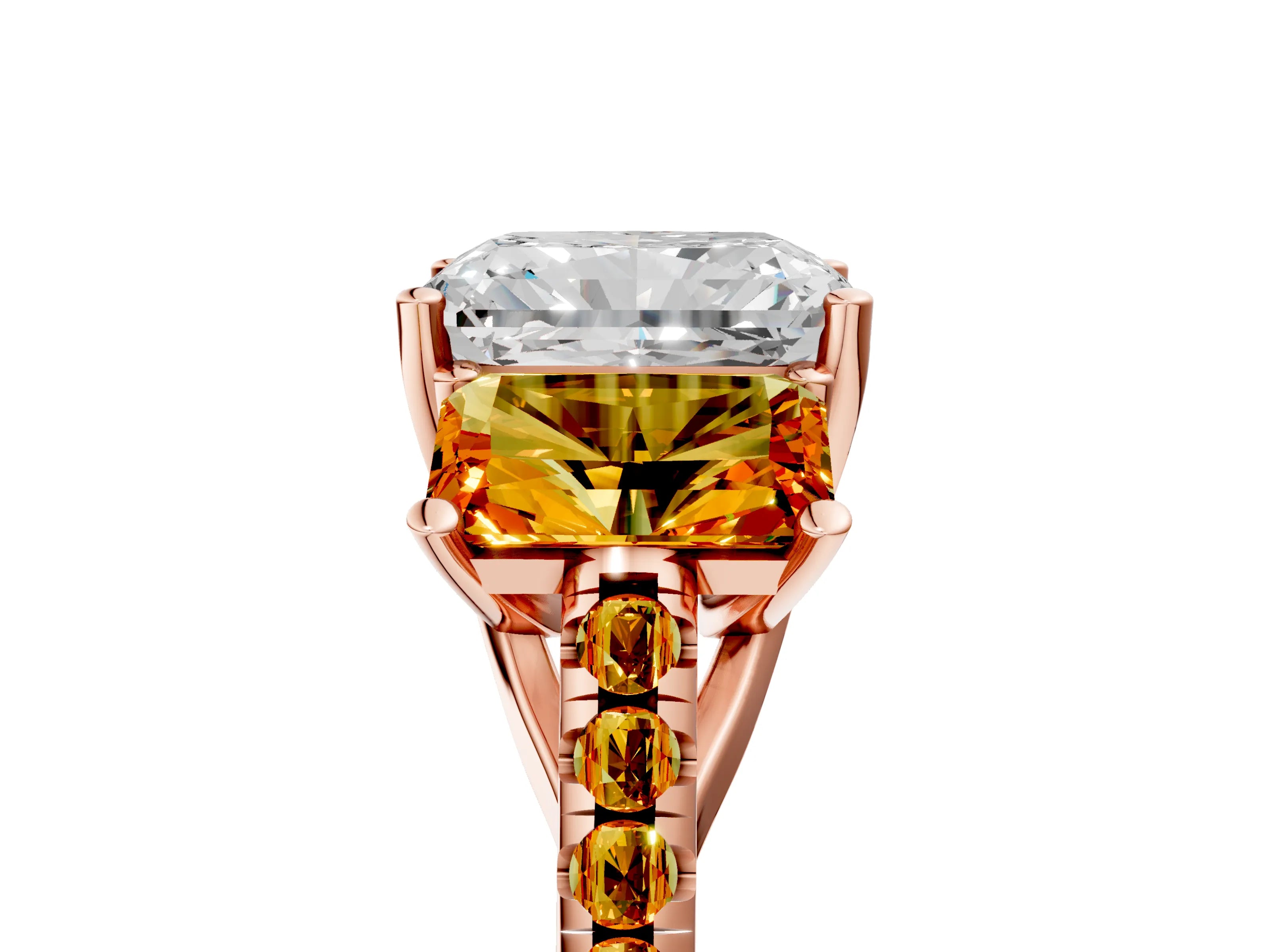 Rose gold Three-Stone Radiant Cut Diamond Ring with Round with Citrine side stone Pavé Band and Prong Setting_5