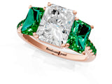 Rose gold Three-Stone Radiant Cut Diamond Ring with Round with Emerald side stone Pavé Band and Prong Setting_1