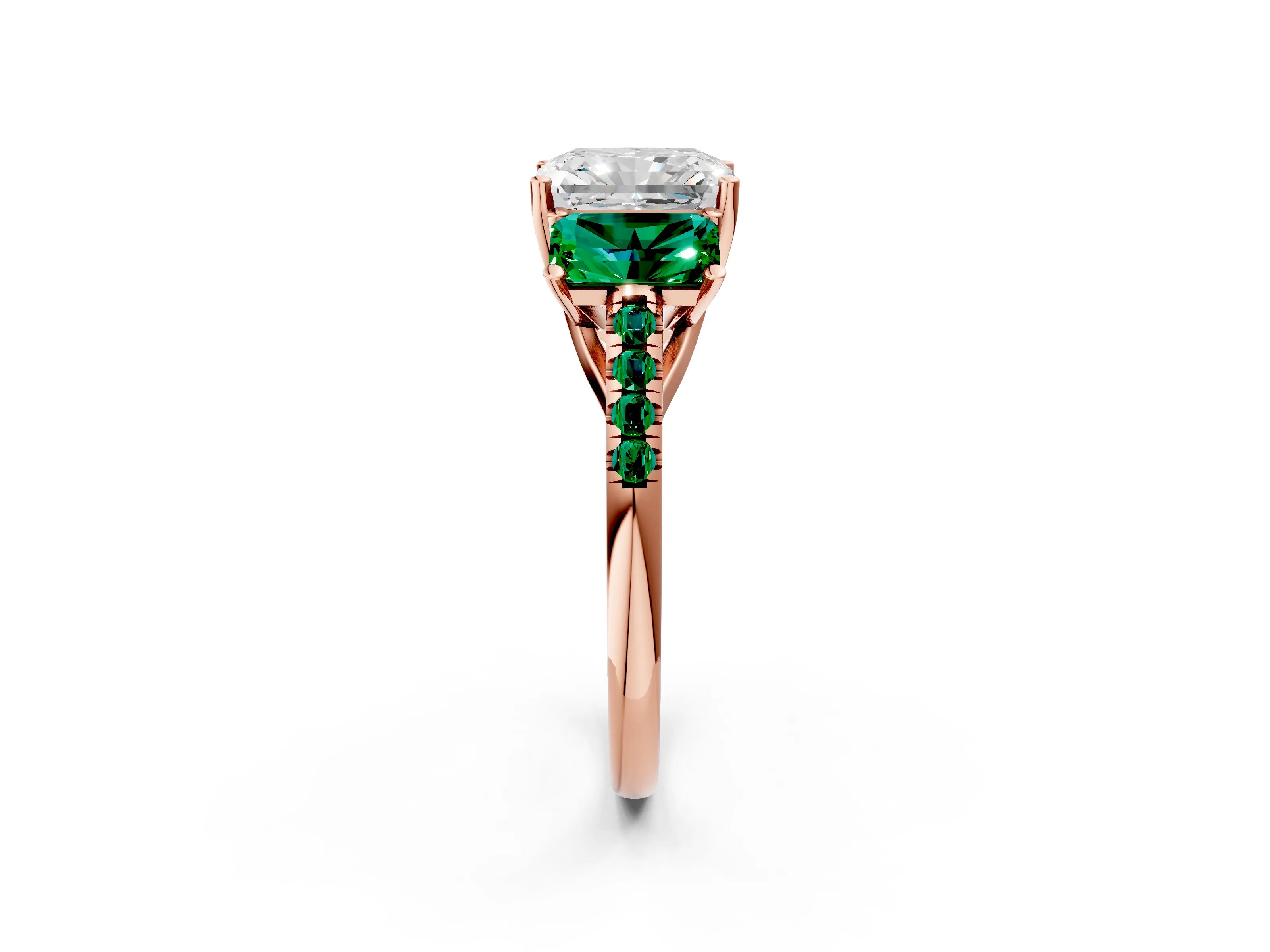 Rose gold Three-Stone Radiant Cut Diamond Ring with Round with Emerald side stone Pavé Band and Prong Setting_2