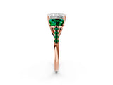 Rose gold Three-Stone Radiant Cut Diamond Ring with Round with Emerald side stone Pavé Band and Prong Setting_2