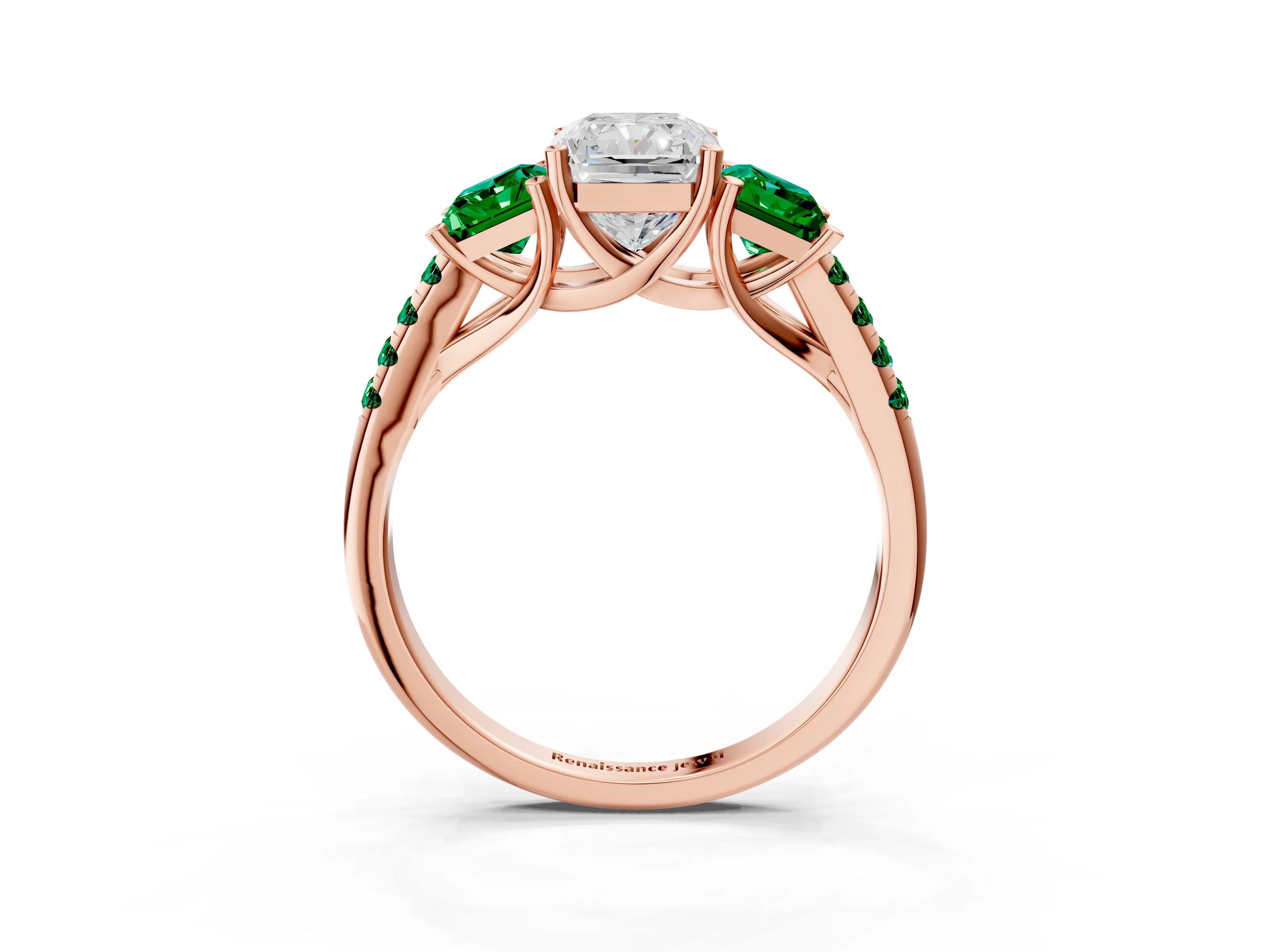 Rose gold Three-Stone Radiant Cut Diamond Ring with Round with Emerald side stone Pavé Band and Prong Setting_3