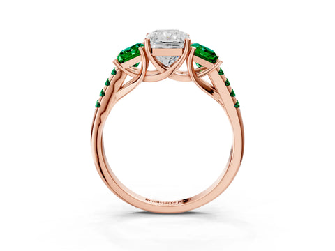 Rose gold Three-Stone Radiant Cut Diamond Ring with Round with Emerald side stone Pavé Band and Prong Setting_3