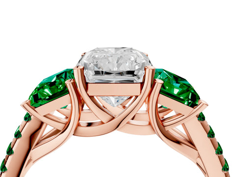 Rose gold Three-Stone Radiant Cut Diamond Ring with Round with Emerald side stone Pavé Band and Prong Setting_4