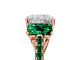 Rose gold Three-Stone Radiant Cut Diamond Ring with Round with Emerald side stone Pavé Band and Prong Setting_5