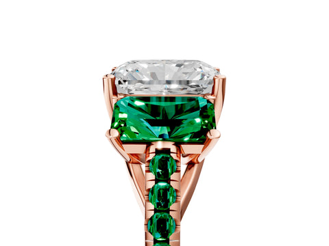 Rose gold Three-Stone Radiant Cut Diamond Ring with Round with Emerald side stone Pavé Band and Prong Setting_5