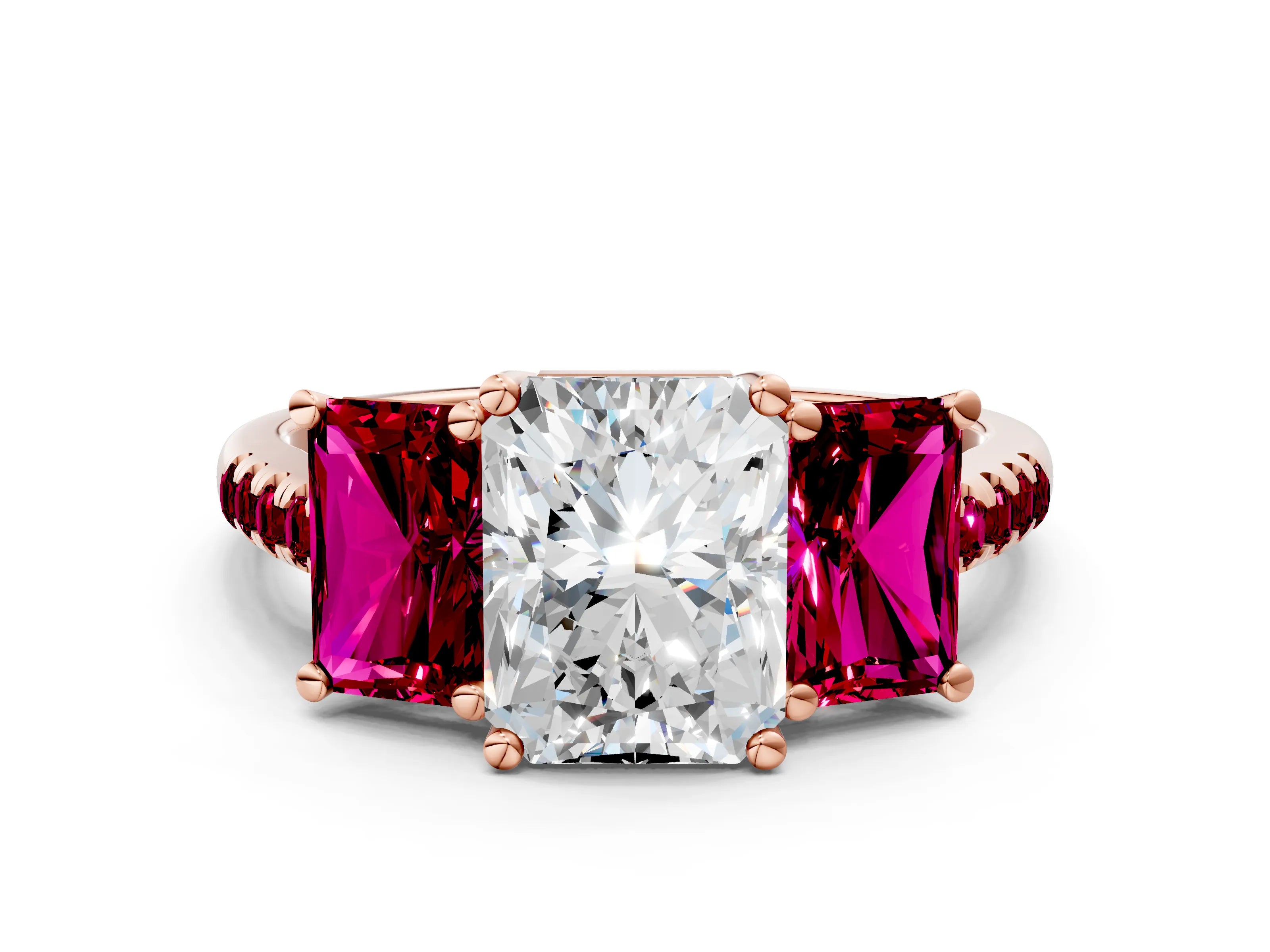 Rose gold Three-Stone Radiant Cut Diamond Ring with Round with Garnet side stone Pavé Band and Prong Setting