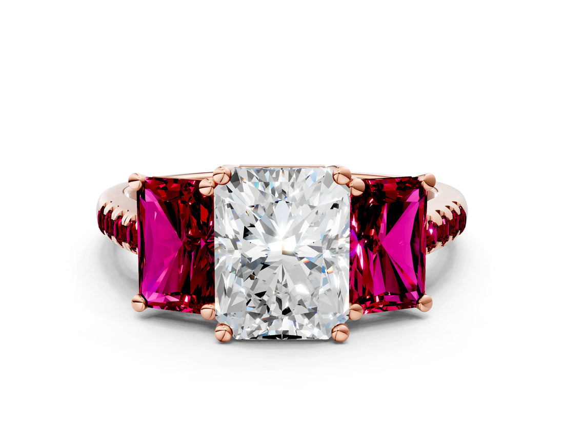 Rose gold Three-Stone Radiant Cut Diamond Ring with Round with Garnet side stone Pavé Band and Prong Setting