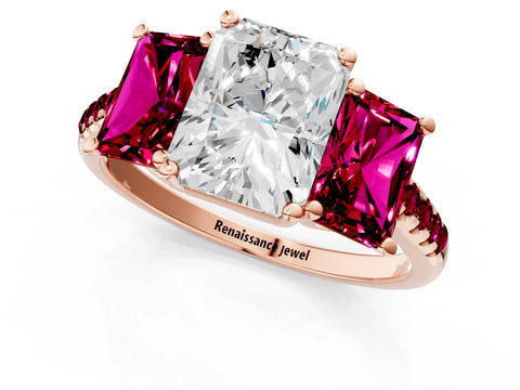 Rose gold Three-Stone Radiant Cut Diamond Ring with Round with Garnet side stone Pavé Band and Prong Setting_1