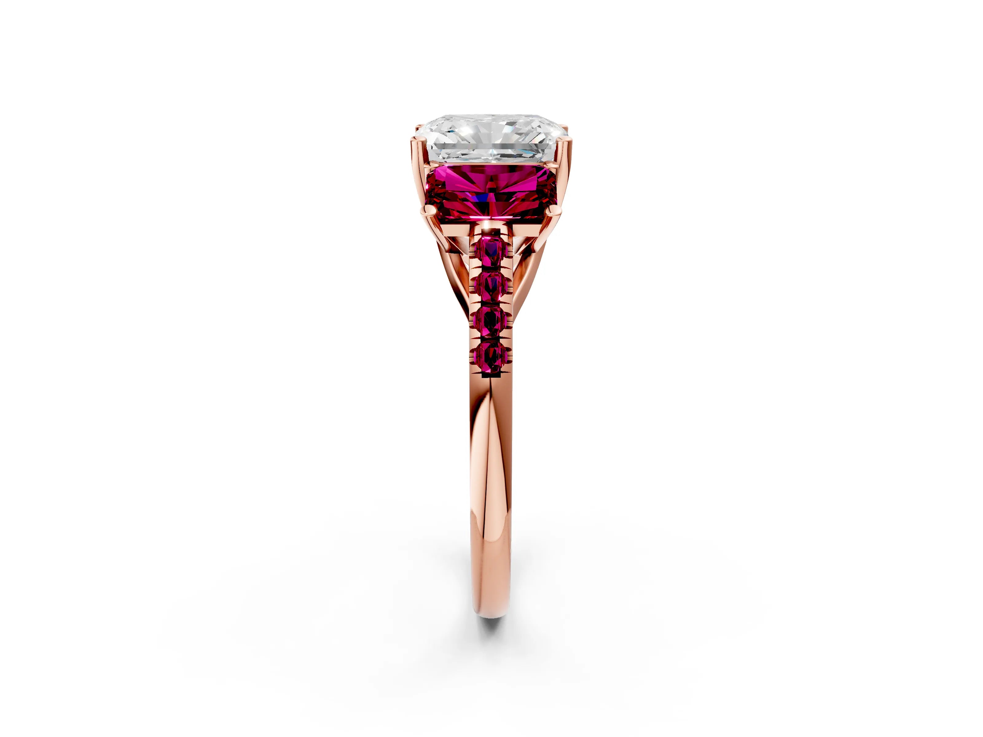 Rose gold Three-Stone Radiant Cut Diamond Ring with Round with Garnet side stone Pavé Band and Prong Setting_2