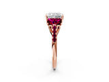 Rose gold Three-Stone Radiant Cut Diamond Ring with Round with Garnet side stone Pavé Band and Prong Setting_2