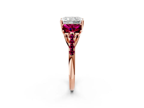Rose gold Three-Stone Radiant Cut Diamond Ring with Round with Garnet side stone Pavé Band and Prong Setting_2