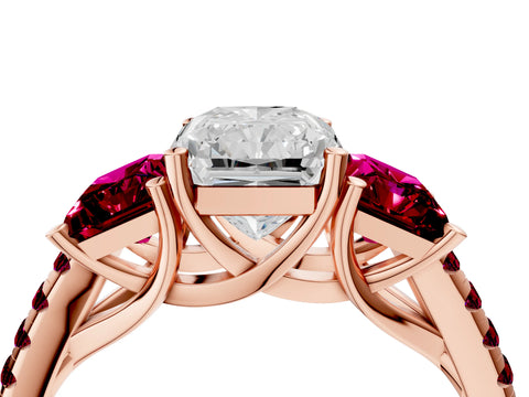 Rose gold Three-Stone Radiant Cut Diamond Ring with Round with Garnet side stone Pavé Band and Prong Setting_4