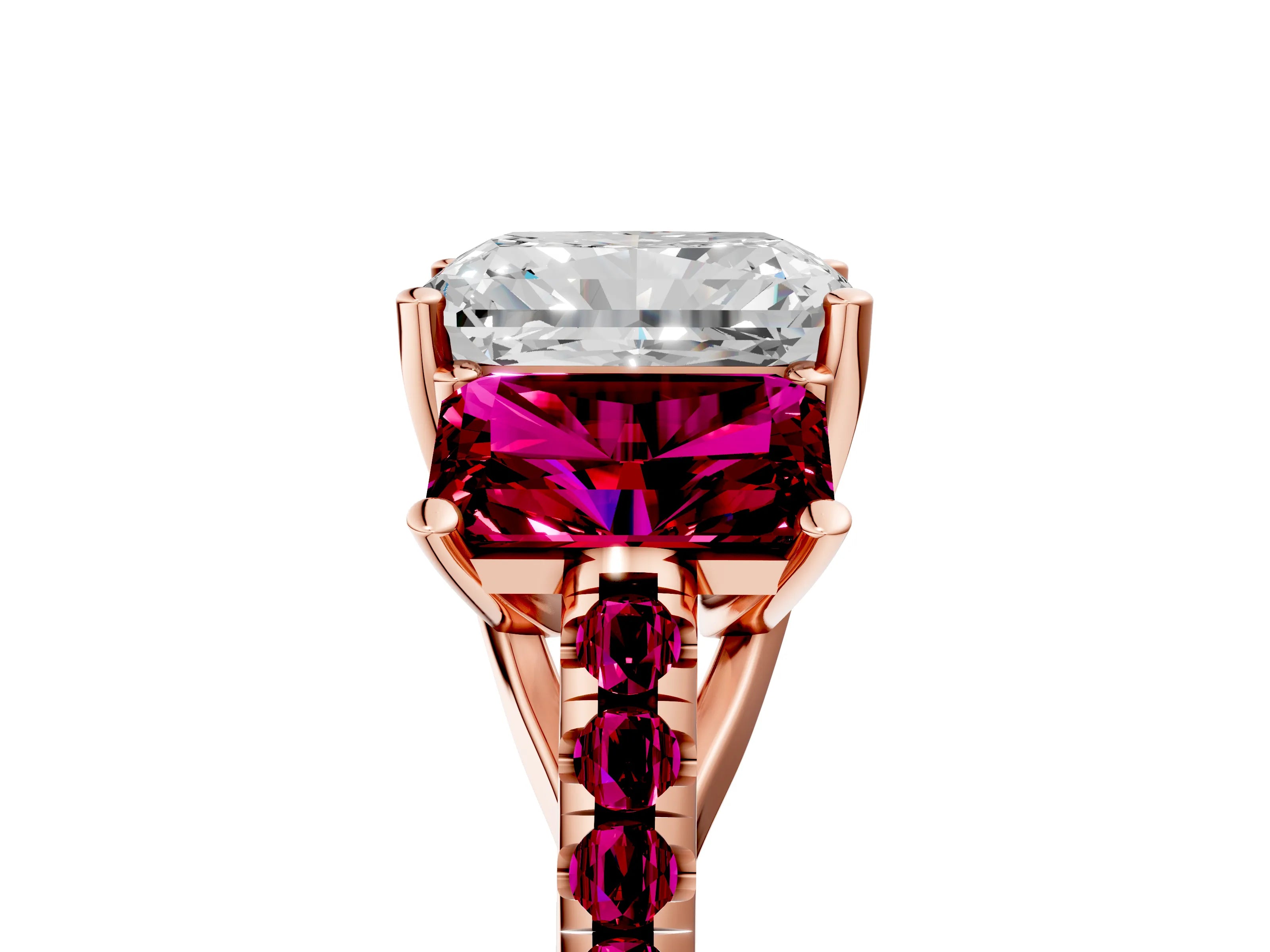 Rose gold Three-Stone Radiant Cut Diamond Ring with Round with Garnet side stone Pavé Band and Prong Setting_5
