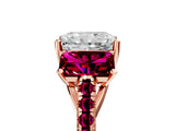 Rose gold Three-Stone Radiant Cut Diamond Ring with Round with Garnet side stone Pavé Band and Prong Setting_5