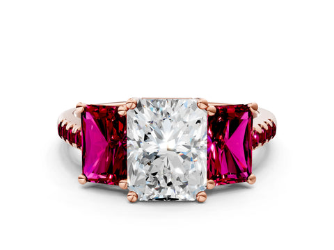 Rose gold Three-Stone Radiant Cut Diamond Ring with Round with Garnet side stone Pavé Band and Prong Setting