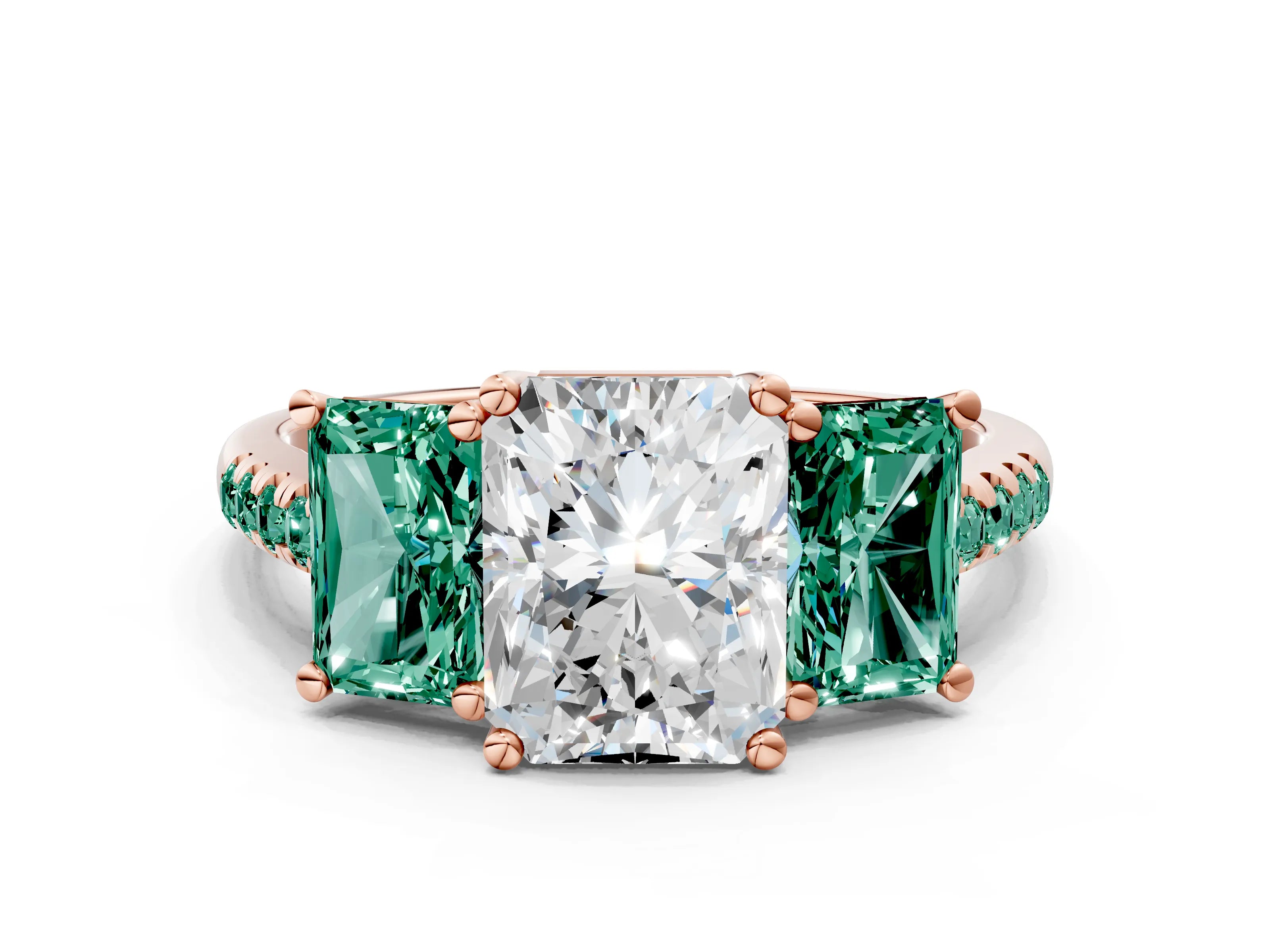 Rose gold Three-Stone Radiant Cut Diamond Ring with Round with Green Sapphire side stone Pavé Band and Prong Setting